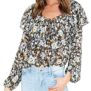 Intimately Free People Peasant Top L Shirt Sheer Ruffle Boho Black Floral Lace
